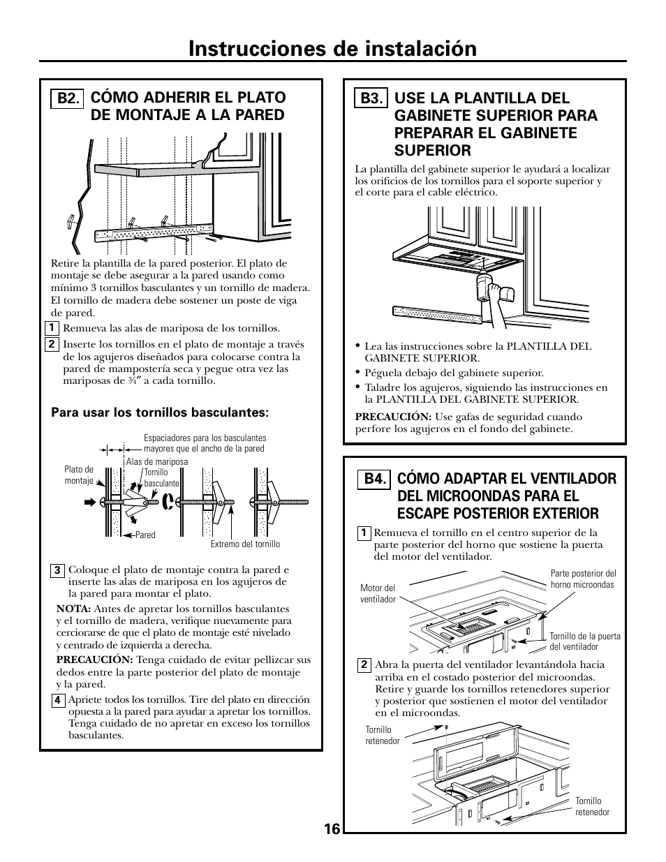 Cómo adherir el plato de montaje a la pared, Cómo preparar el gabinete superior, Instrucciones de instalación | 16 cómo adherir el plato de montaje a la pared b2 | GE DE68-02957A User Manual | Page 40 / 48