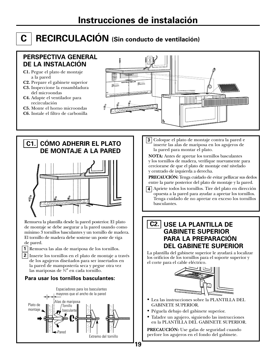 C. recirculación, Cómo adherir el plato de montaje a la pared, Cómo preparar el gabinete superior | Recirculación –22, Instrucciones de instalación, Recirculación, Cómo adherir el plato de montaje a la pared c1 | GE DE68-02957A User Manual | Page 43 / 48