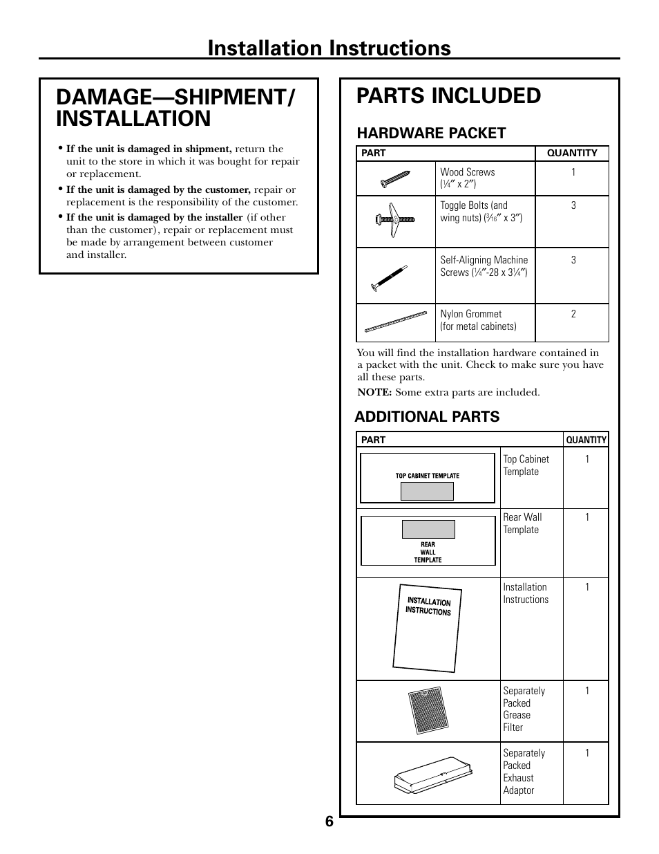 Damage—shipment/installation, Parts included, Damage—shipment/ installation parts included | Installation instructions, Hardware packet, Additional parts | GE DE68-02957A User Manual | Page 6 / 48