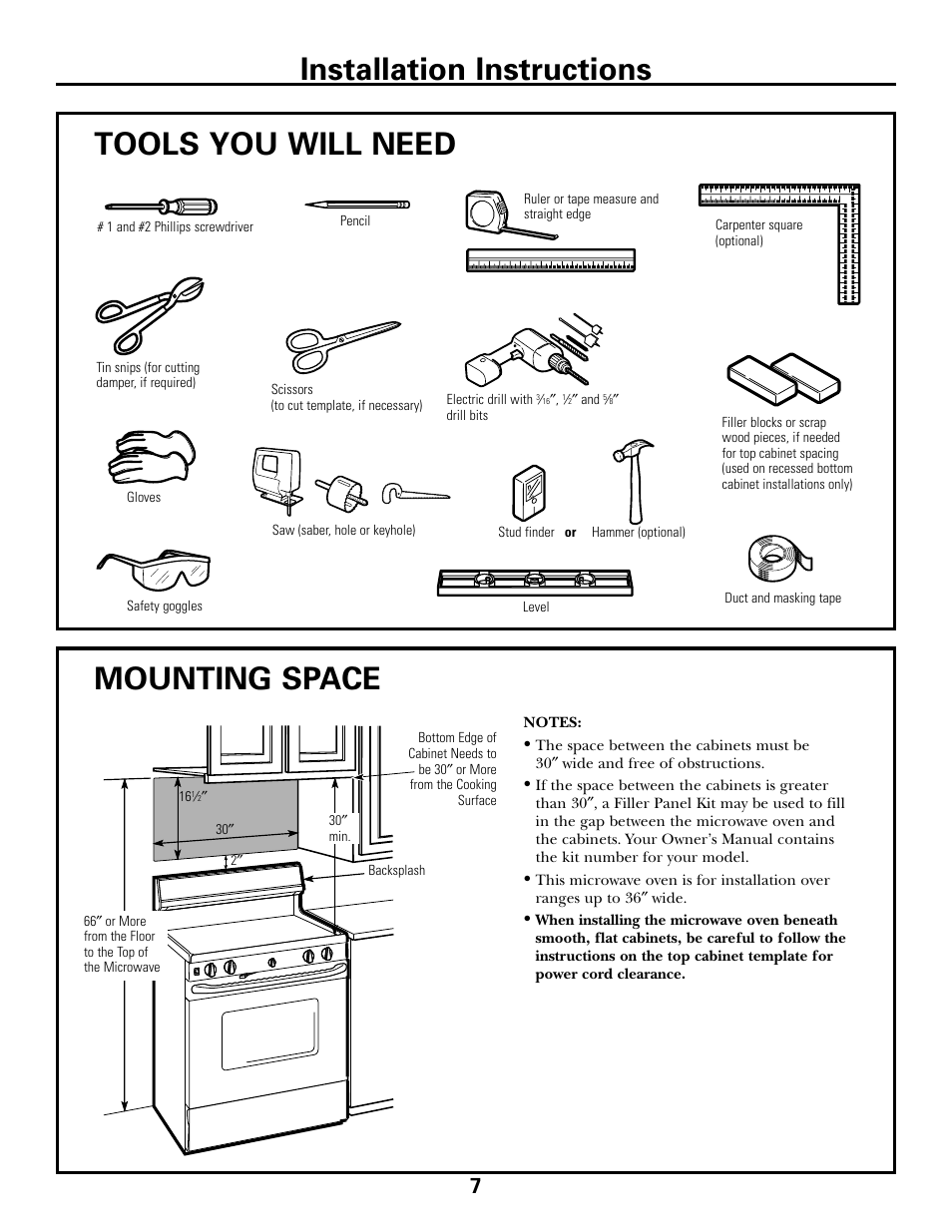Tools you will need, Mounting space, Installation instructions | GE DE68-02957A User Manual | Page 7 / 48