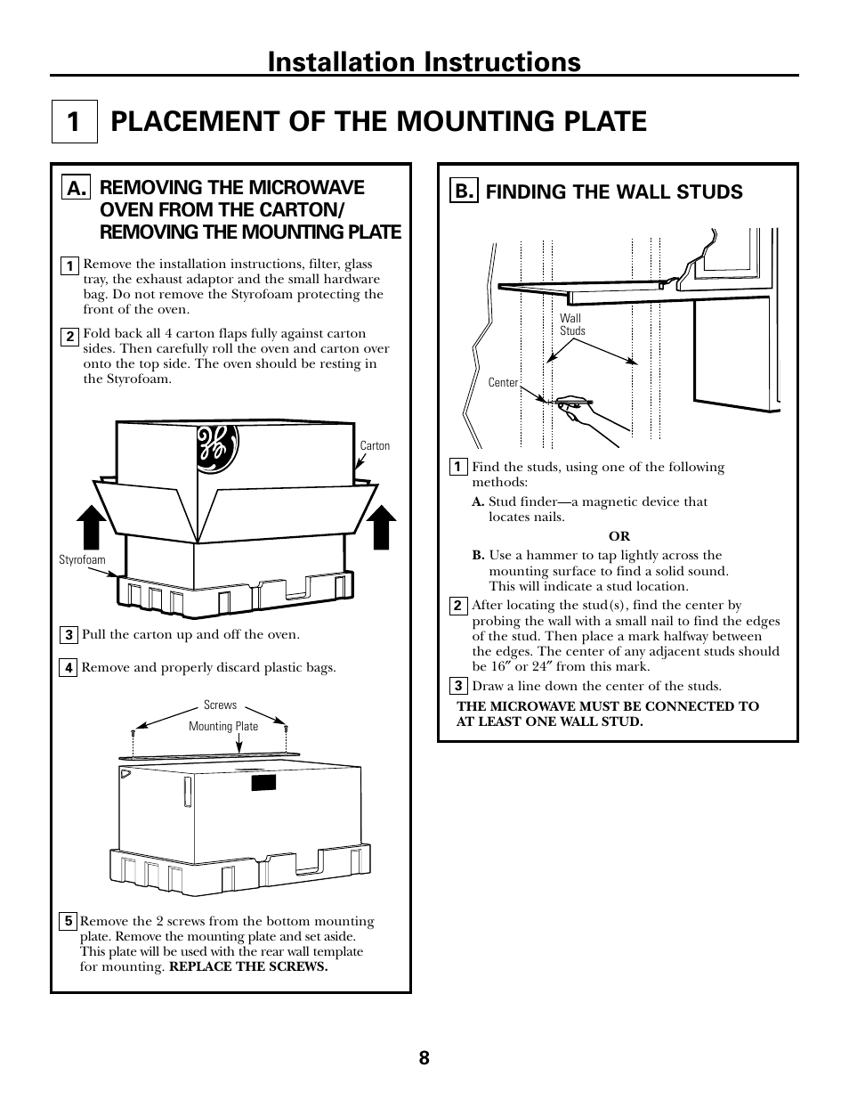Placement of mounting plate, Removing the mounting plate, Finding the wall studs | Placement of mounting plate –10, Placement of the mounting plate 1, Installation instructions | GE DE68-02957A User Manual | Page 8 / 48