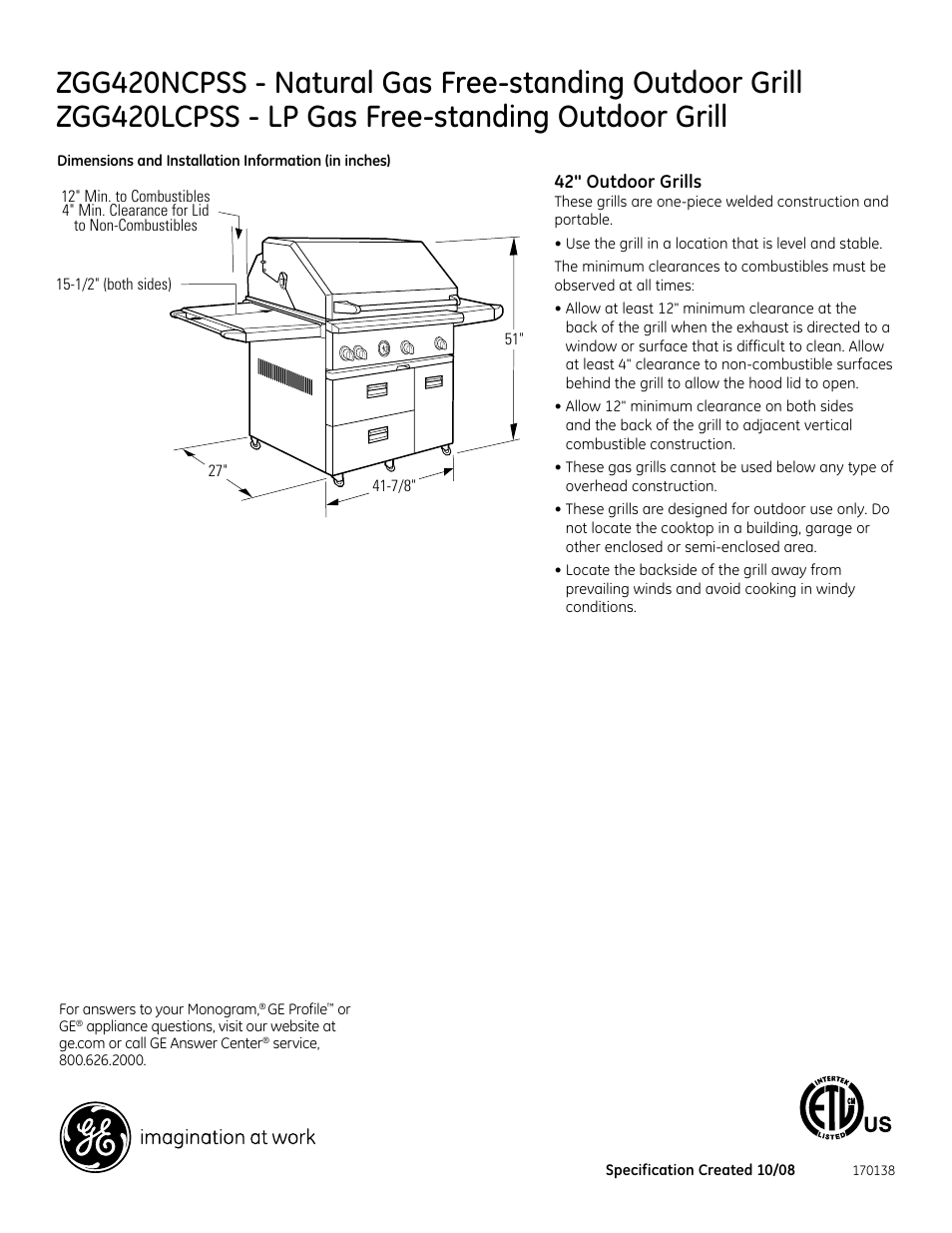 GE ZGG420LCPSS User Manual | 2 pages