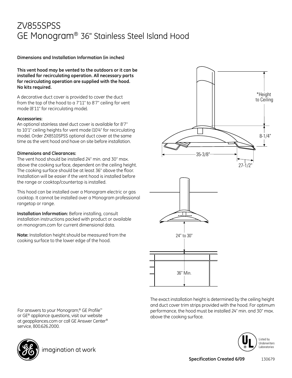 GE Monogram ZV855SPSS User Manual | 2 pages