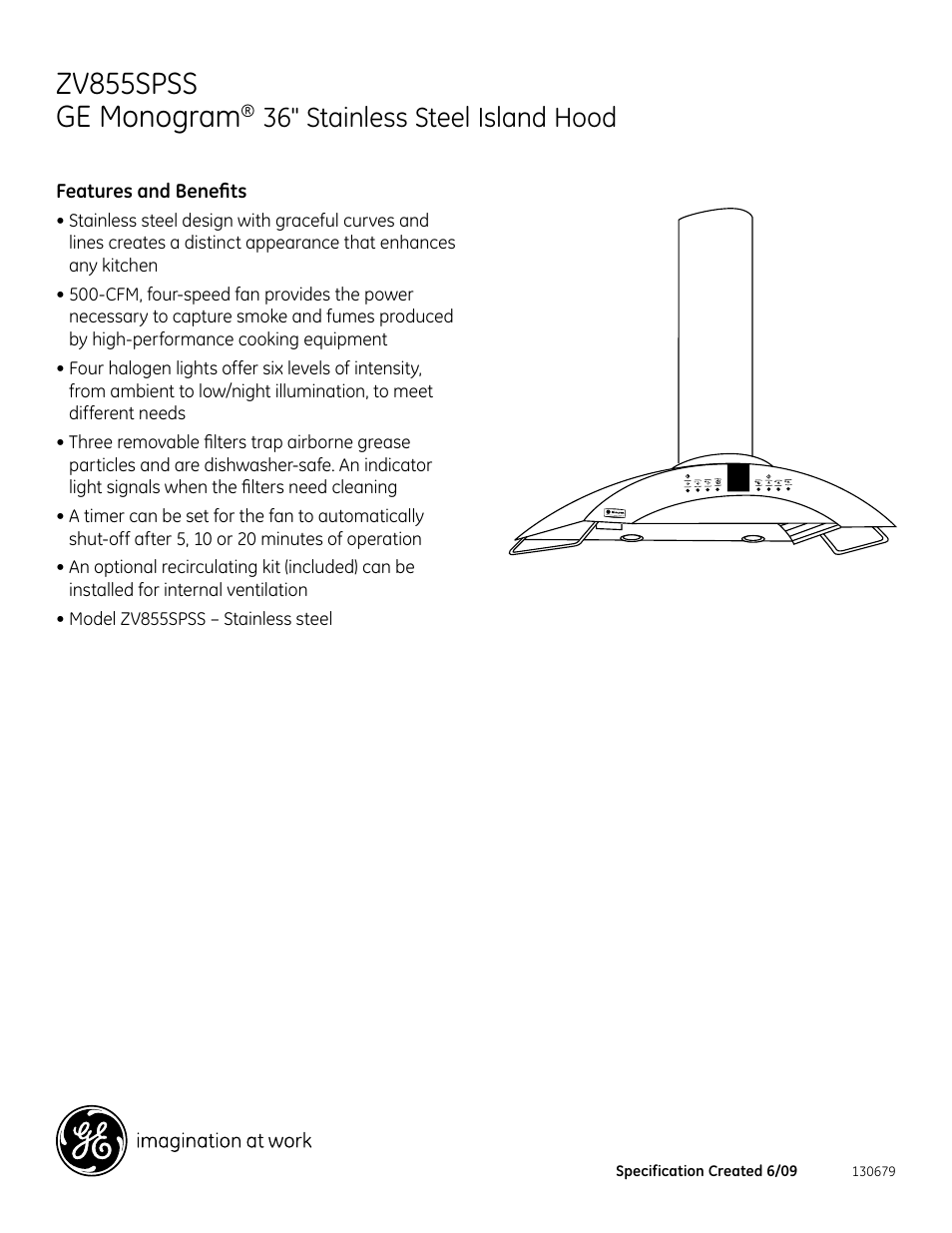 Zv855spss ge monogram, 36" stainless steel island hood | GE Monogram ZV855SPSS User Manual | Page 2 / 2