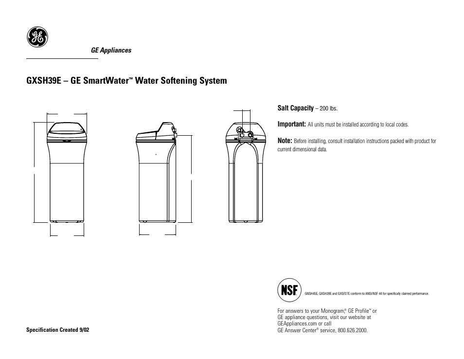 GE GXSH39E User Manual | 2 pages