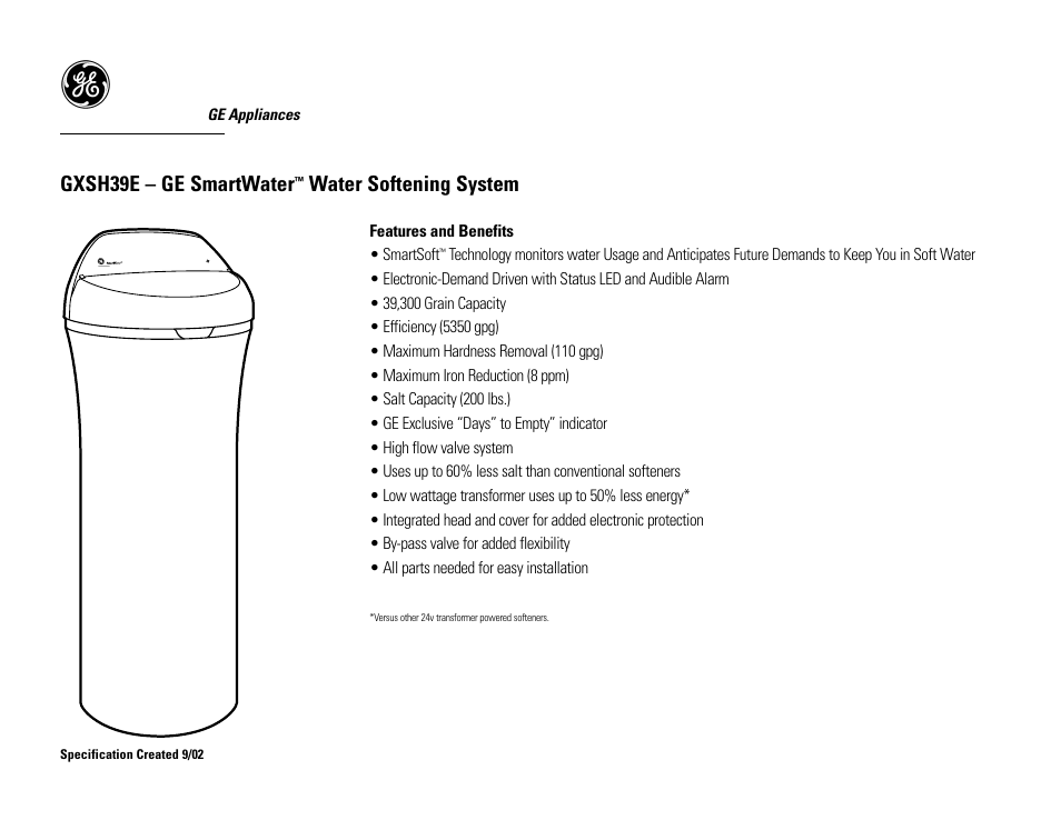 Gxsh39e – ge smartwater, Water softening system | GE GXSH39E User Manual | Page 2 / 2