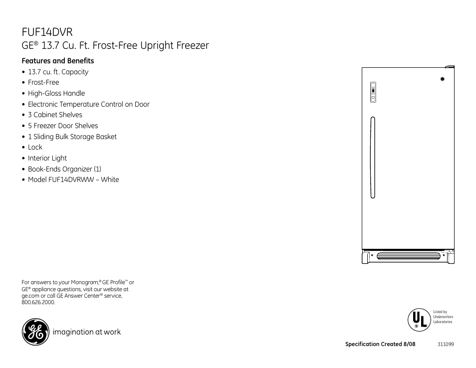 Fuf14 dvr, 7 cu. ft. frost-free upright freezer | GE FUF14DVR User Manual | Page 2 / 2