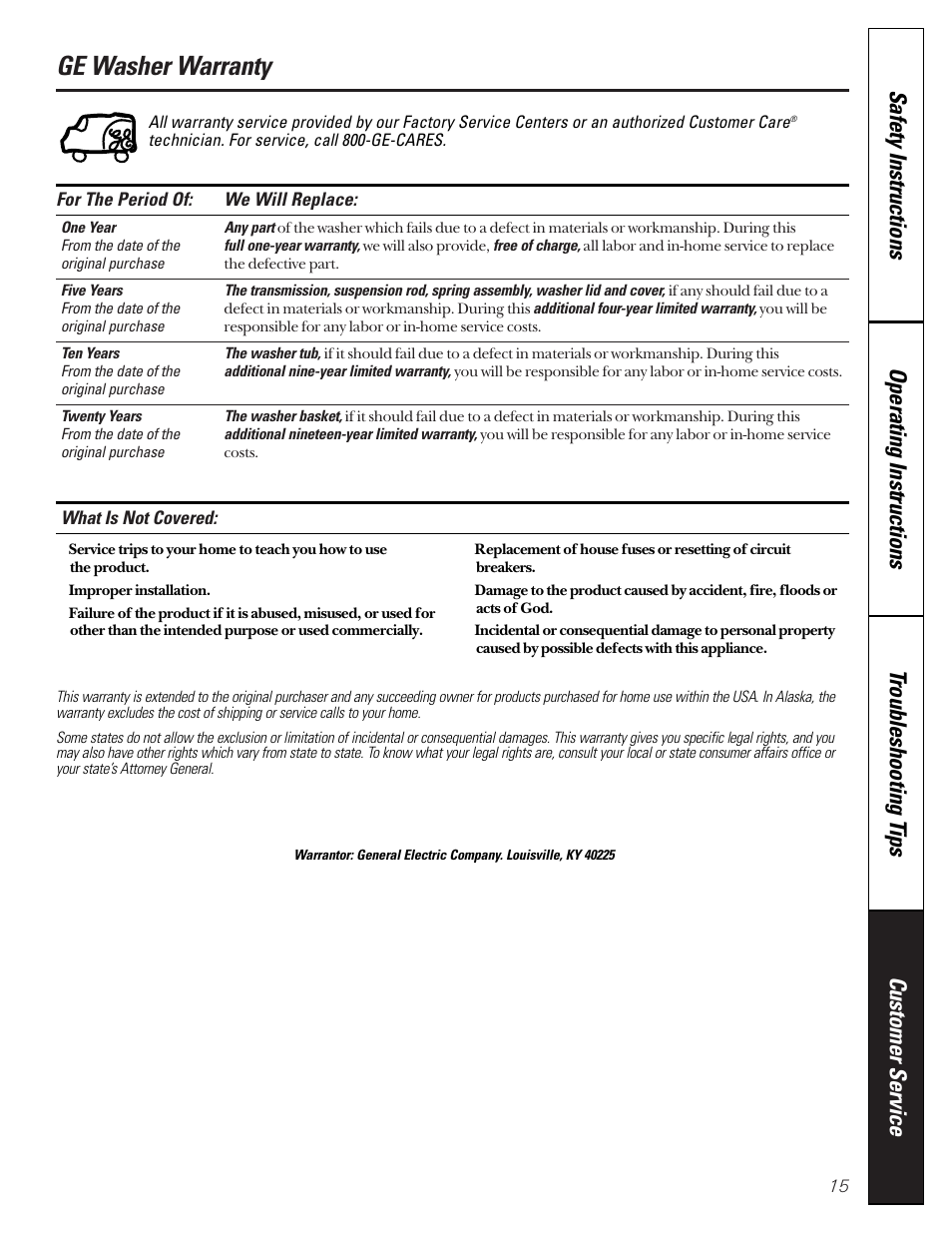 Warranty, Ge washer warranty | GE WBXR1090 User Manual | Page 15 / 16