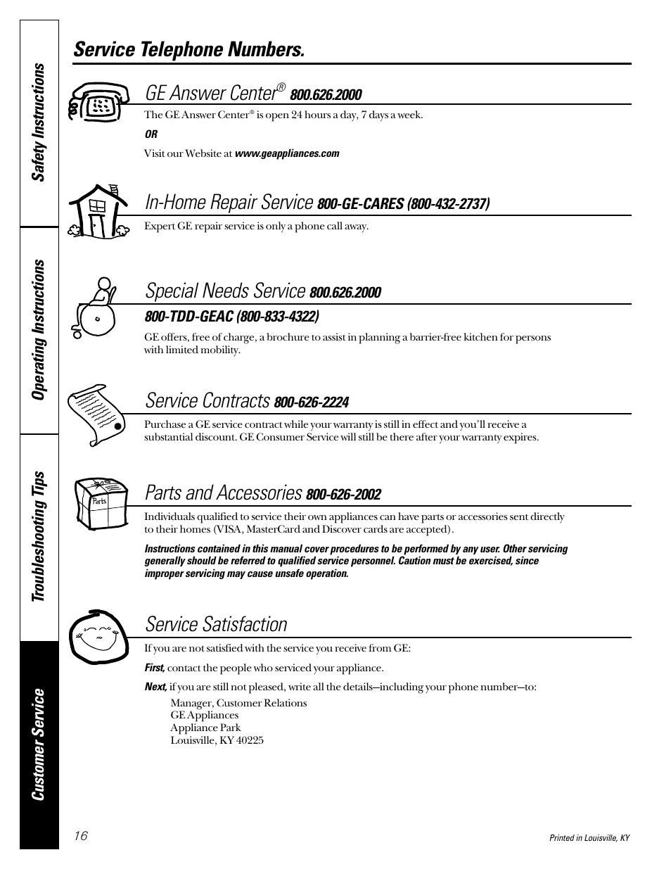 Service telephone numbers, Service telephone, Numbers . . . . . . . . . . . back cover | Service telephone numbers. ge answer center, In-home repair service, Special needs service, Service contracts, Parts and accessories, Service satisfaction | GE WBXR1090 User Manual | Page 16 / 16