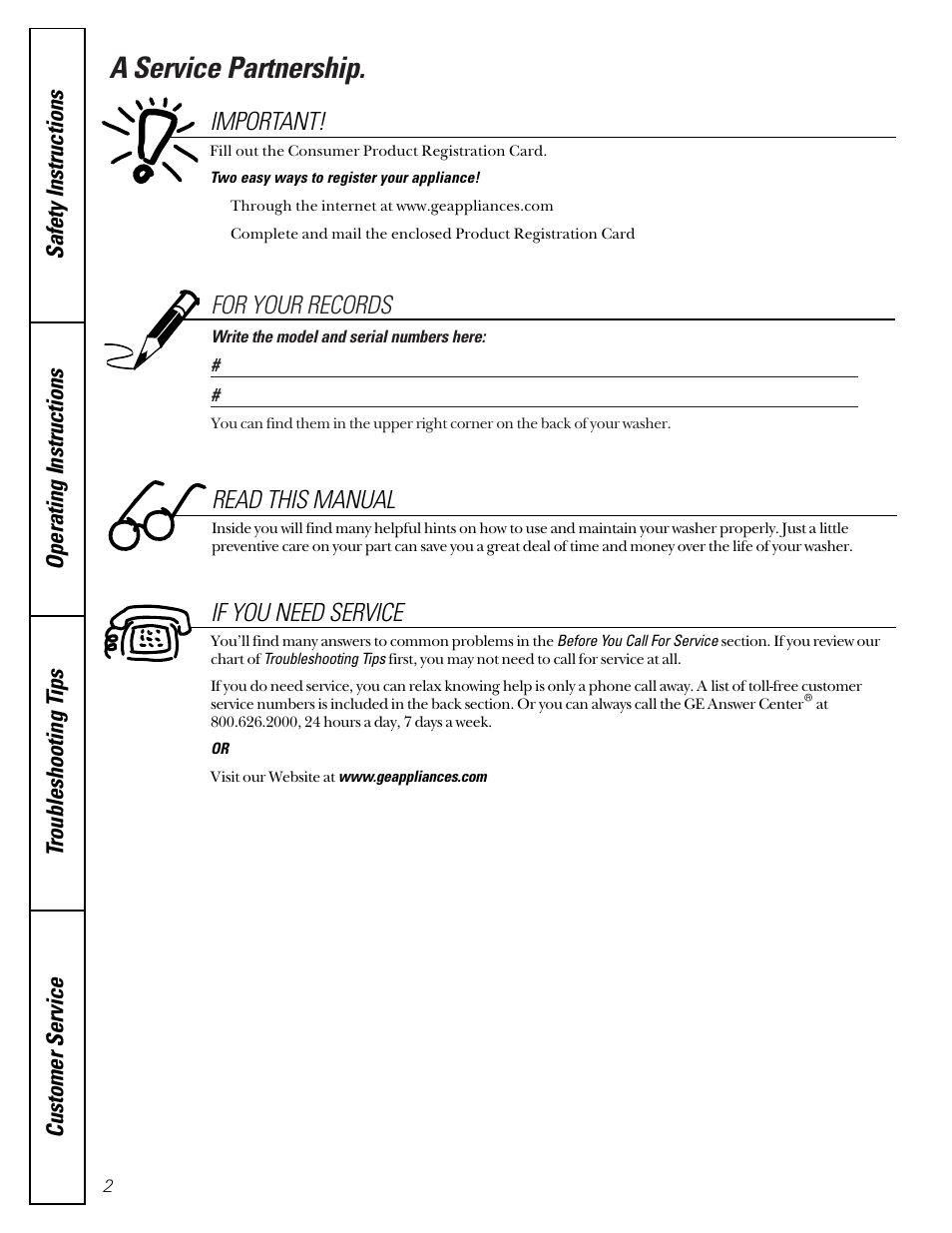 A service partnership, For your records, Read this manual if you need service | Important | GE WBXR1090 User Manual | Page 2 / 16