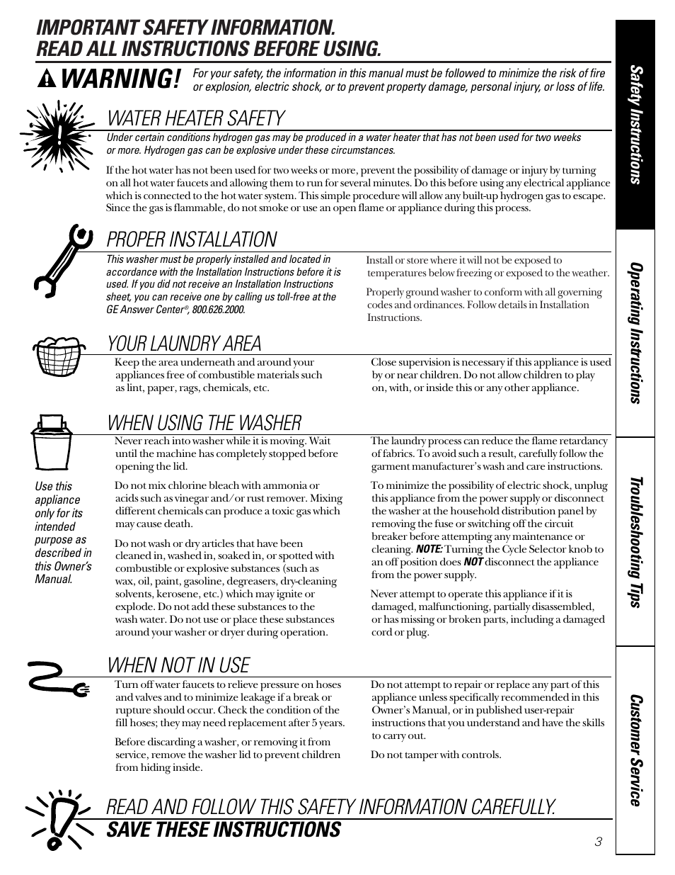 Safety information, Warning, Water heater safety | Proper installation, Your laundry area, When using the washer | GE WBXR1090 User Manual | Page 3 / 16