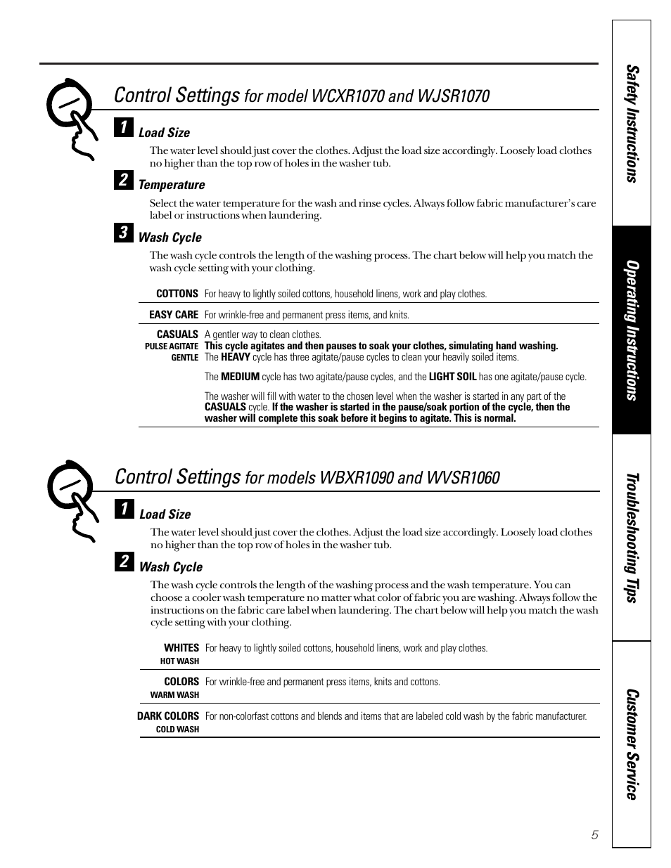 Control settings | GE WBXR1090 User Manual | Page 5 / 16