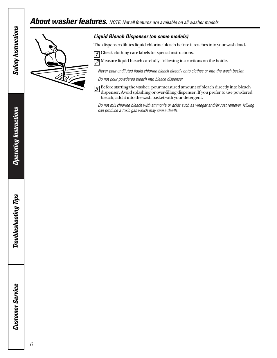 Features, Features , 7, About washer features | GE WBXR1090 User Manual | Page 6 / 16