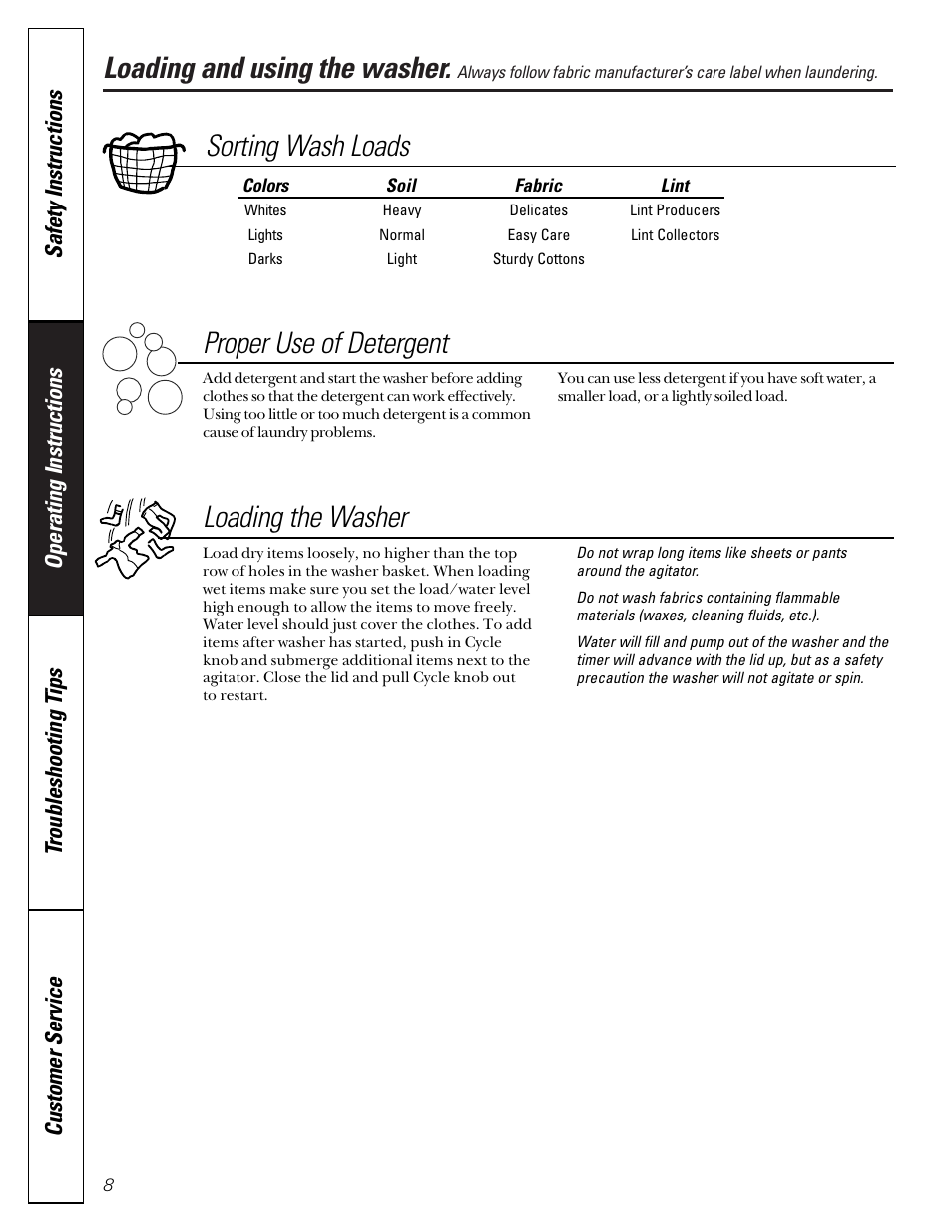 Loading and using the washer, Loading and using, The washer , 9 | Sorting wash loads proper use of detergent, Loading the washer | GE WBXR1090 User Manual | Page 8 / 16