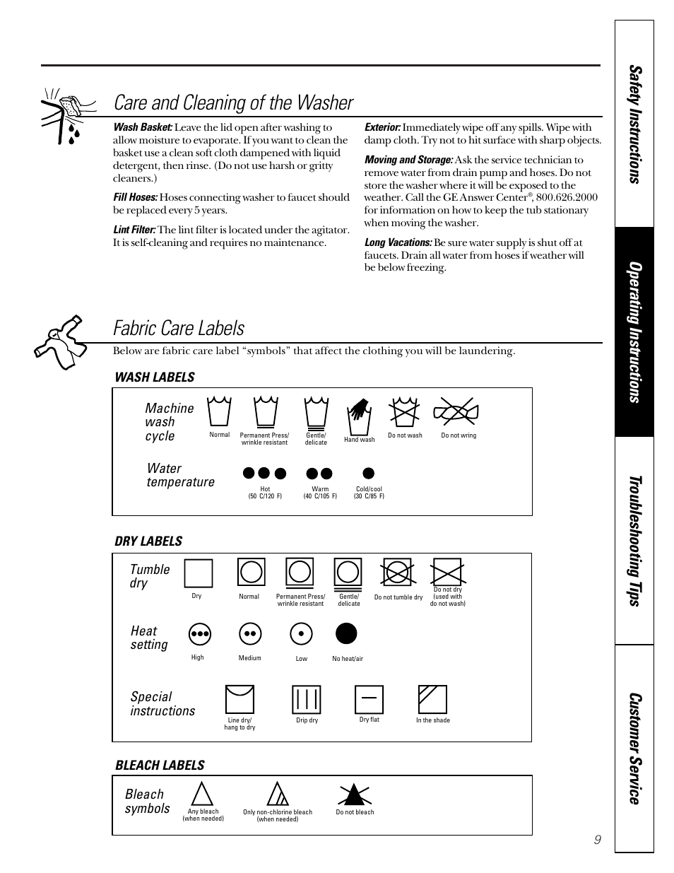 Care and cleaning of the washer, Fabric care labels, Machine wash cycle | Water temperature, Tumble dry, Heat setting, Special instructions, Bleach symbols, Wash labels dry labels bleach labels | GE WBXR1090 User Manual | Page 9 / 16