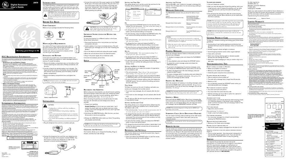 GE 15638680 (REV. 1 E/S) 29878 User Manual | 2 pages