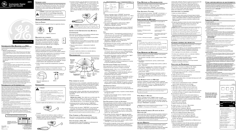 Contestador digital guía del usuario i, Para: oprima | GE 15638680 (REV. 1 E/S) 29878 User Manual | Page 2 / 2