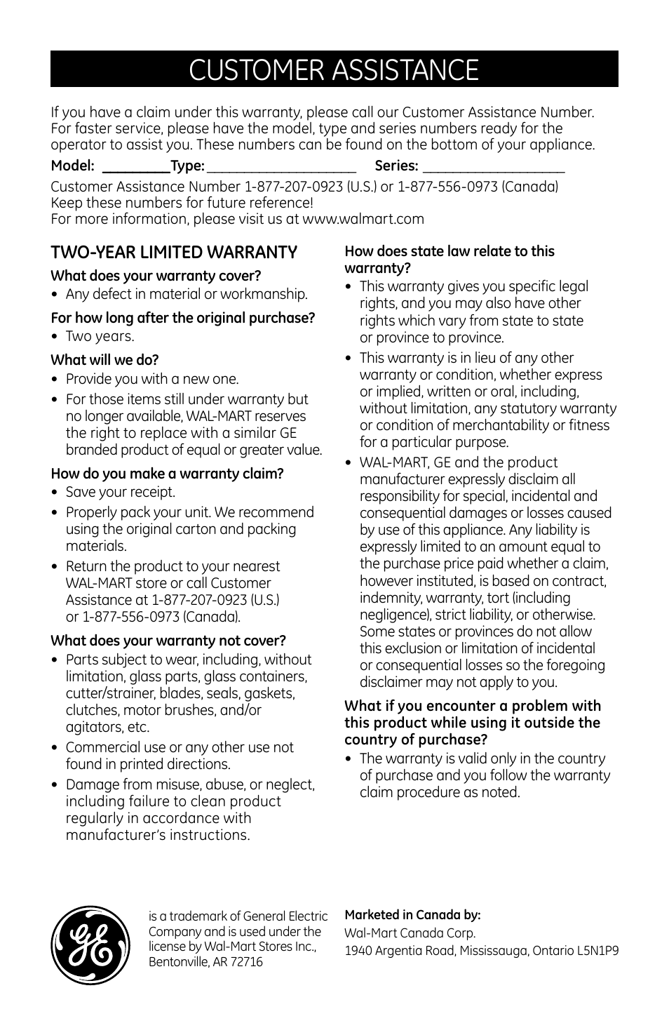 Customer assistance, Two-year limited warranty | GE 681131690690 User Manual | Page 14 / 14