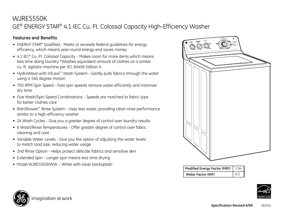 Wjre5550k, Energy star | GE Energy Star WJRE5550K User Manual | Page 2 / 2