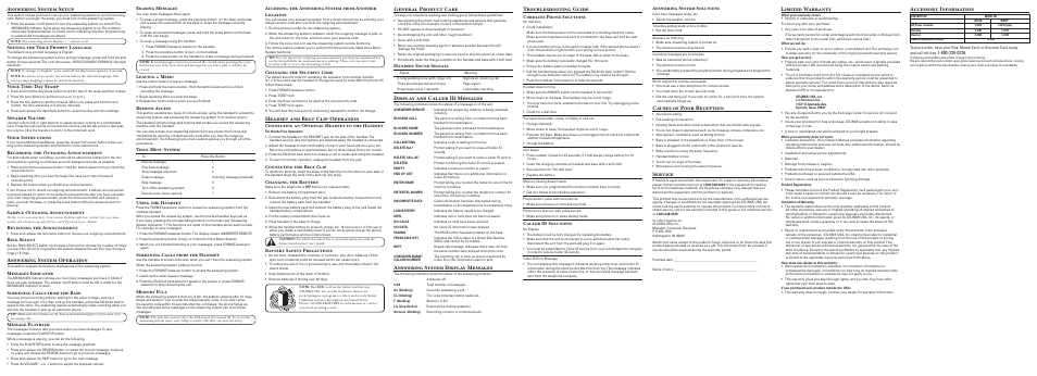 Answering system setup, Answering system operation, Headset and belt clip operation | General product care, Display and caller id messages, Answering system display messages, Troubleshooting guide, Causes of poor reception, Service, Accessory information | GE 00003771 User Manual | Page 2 / 2