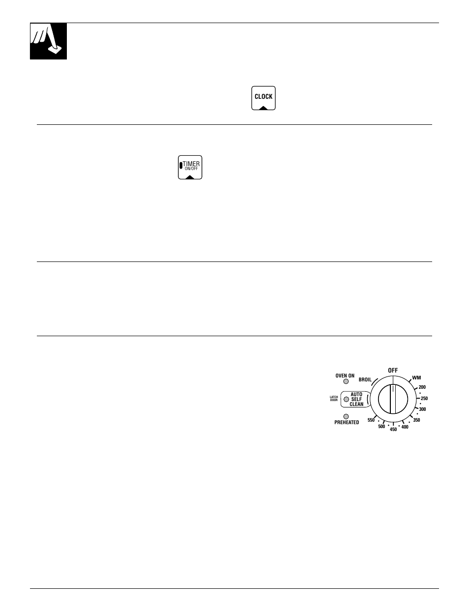 Clock and timer, Power outage, 16 oven control, clock and timer | Automatic clock to set the clock, Timer to set the timer to reset the timer, Power outage oven temperature knob | GE 4164D2966P234 User Manual | Page 16 / 44