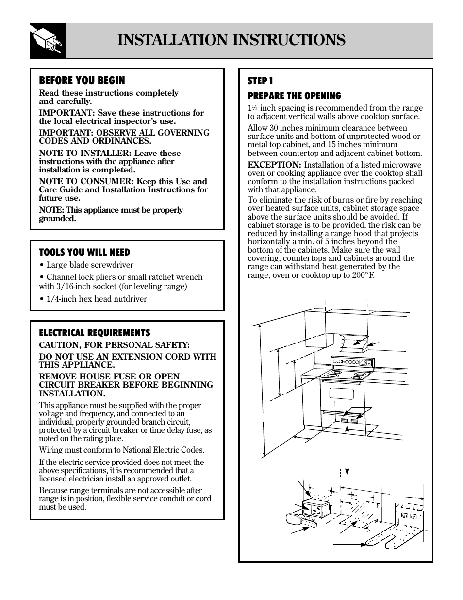 Installation, Anti-tip device, Anti-tip device , 38 | 34 installation instructions, Before you begin, Step 1 prepare the opening, Tools you will need, Electrical requirements | GE 4164D2966P234 User Manual | Page 34 / 44