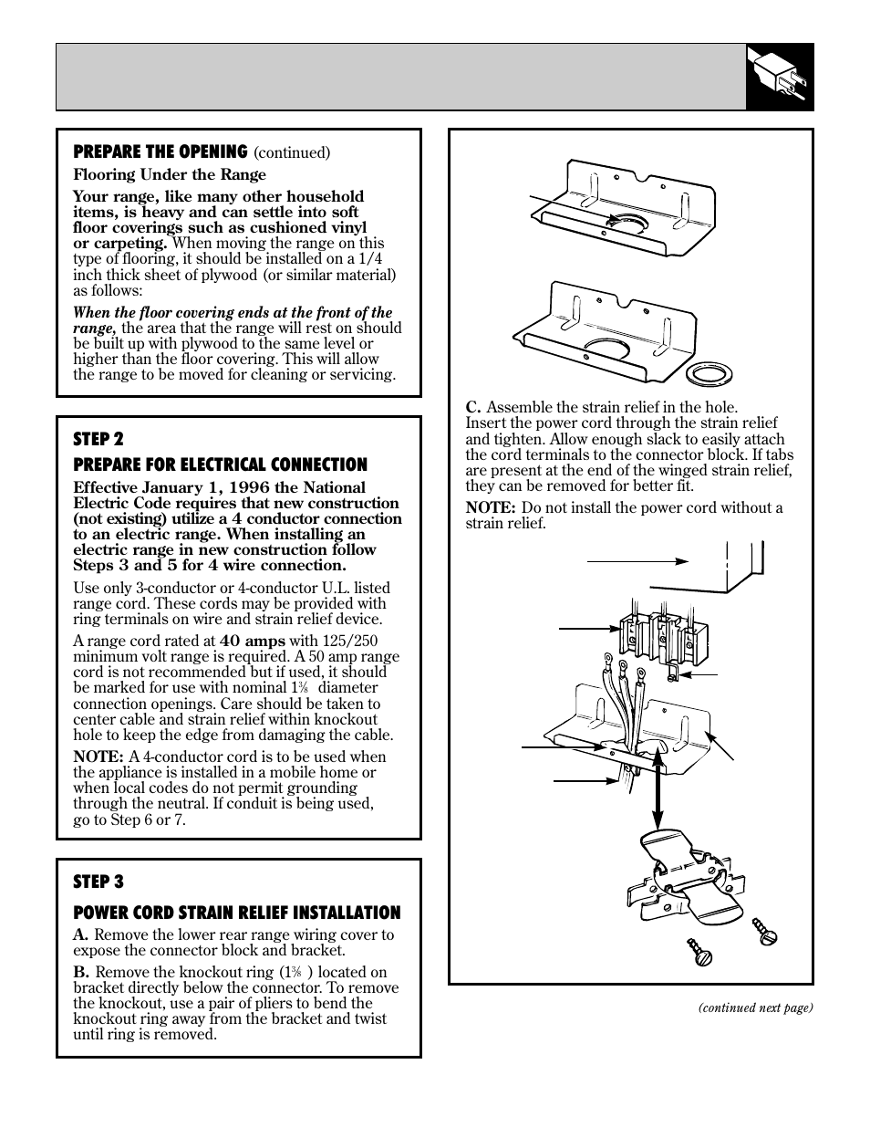 Flooring under the range, Prepare the opening, Step 2 prepare for electrical connection | Step 3 power cord strain relief installation | GE 4164D2966P234 User Manual | Page 35 / 44