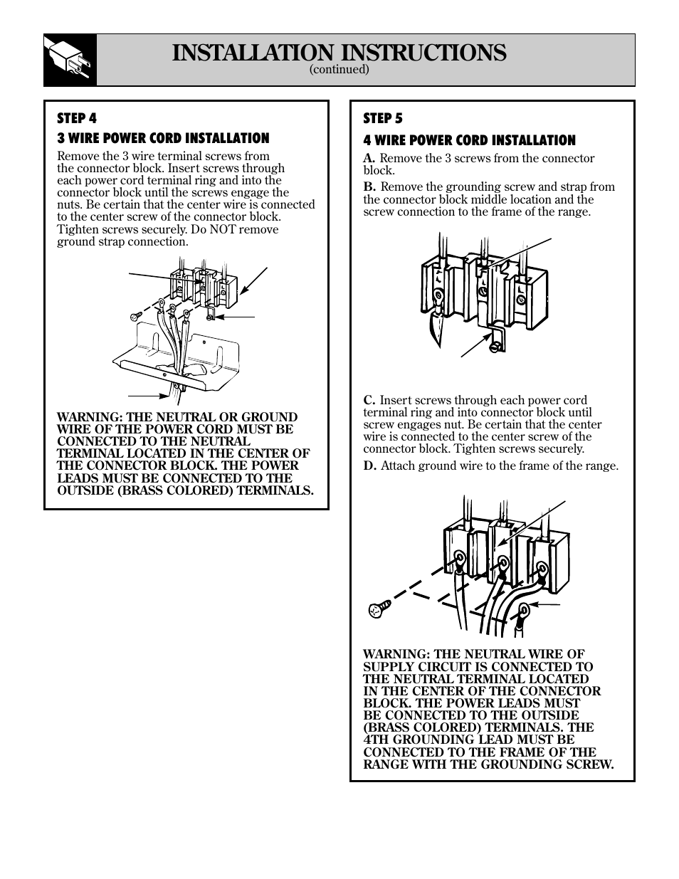 Leveling, 36 installation instructions, Step 5 4 wire power cord installation | Step 4 3 wire power cord installation | GE 4164D2966P234 User Manual | Page 36 / 44