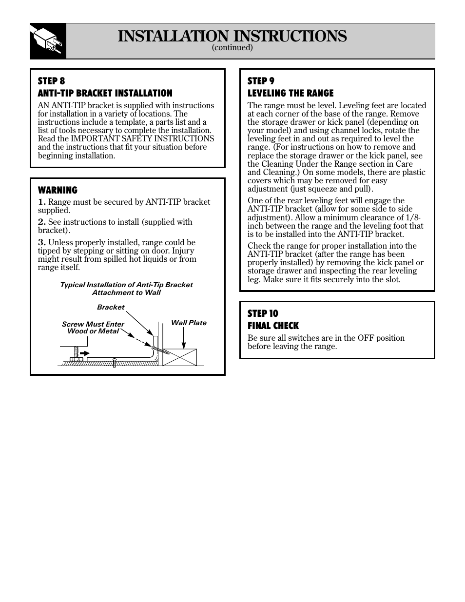 Leveling, 38 installation instructions | GE 4164D2966P234 User Manual | Page 38 / 44