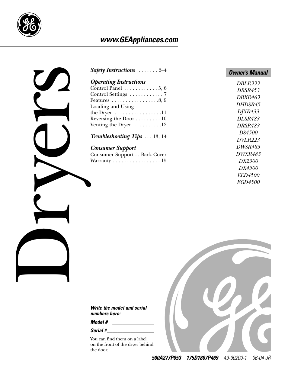 GE DWSR483 User Manual | 16 pages