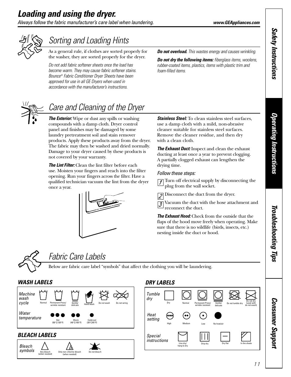 Loading and using the dryer, Sorting and loading hints, Fabric care labels | 32 1 care and cleaning of the dryer, Wash labels dry labels bleach labels 11, Follow these steps | GE DWSR483 User Manual | Page 11 / 16