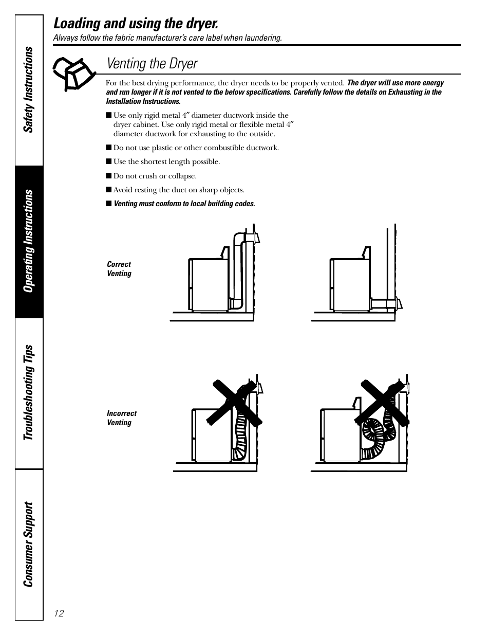 Venting the dryer, Loading and using the dryer | GE DWSR483 User Manual | Page 12 / 16