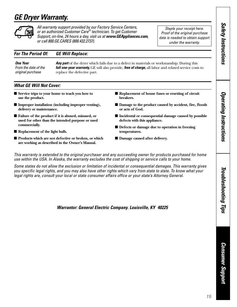 Warranty, Ge dryer warranty | GE DWSR483 User Manual | Page 15 / 16