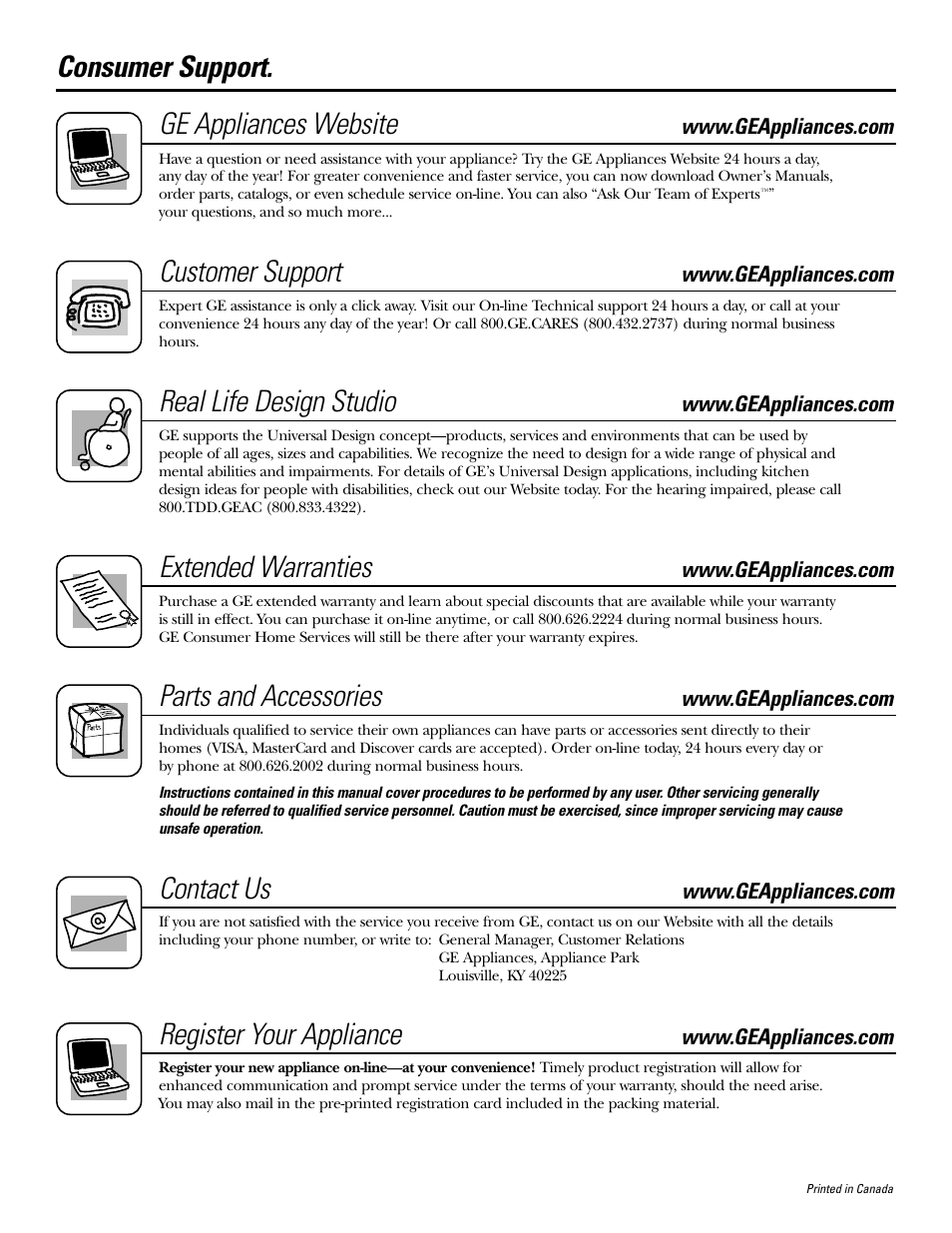 Consumer support, Consumer support . . back cover, Ge appliances website | Customer support, Real life design studio, Extended warranties, Parts and accessories, Contact us, Register your appliance | GE DWSR483 User Manual | Page 16 / 16