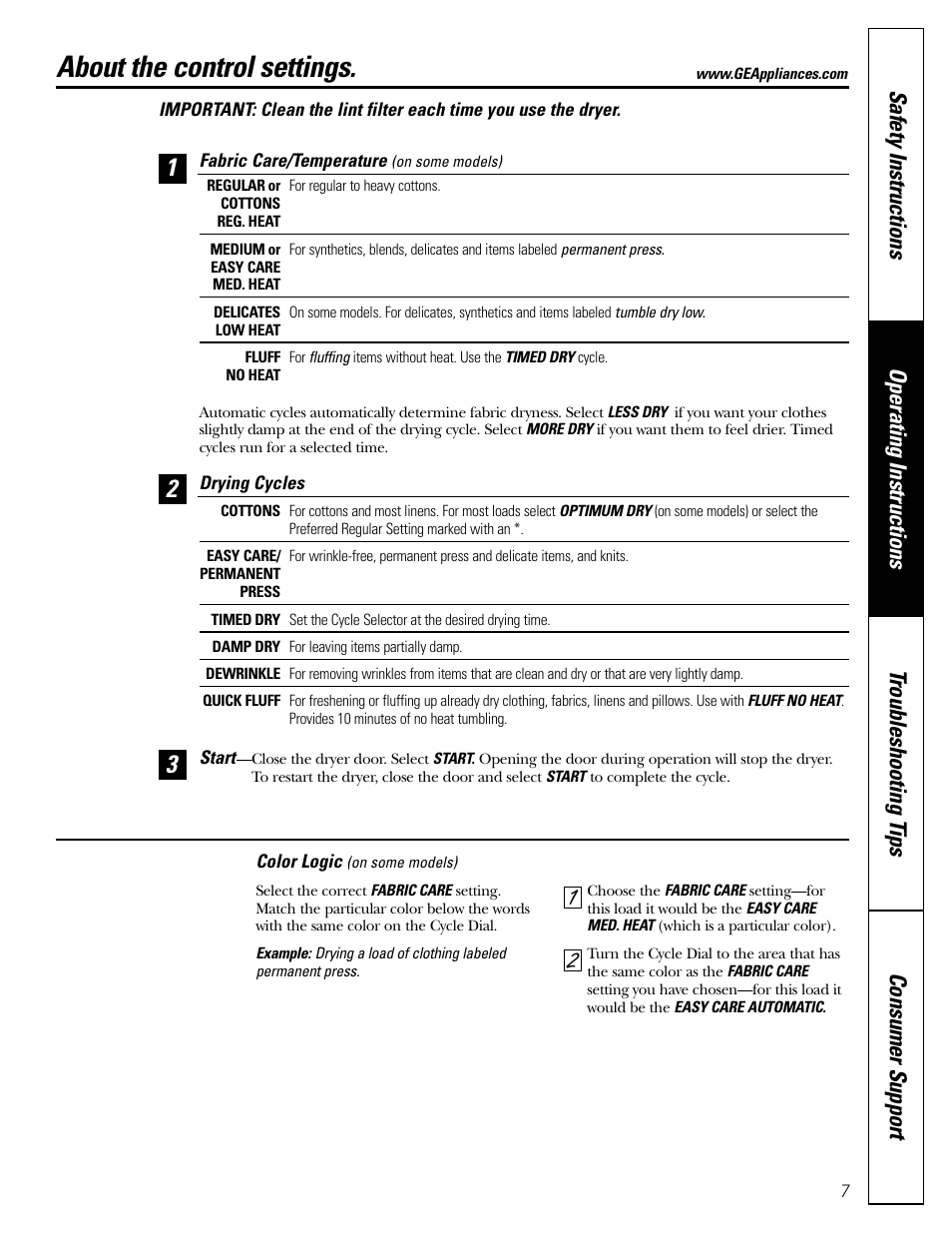 Control settings, About the control settings | GE DWSR483 User Manual | Page 7 / 16