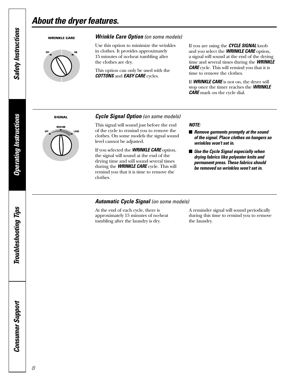 Features, Features , 9, About the dryer features | GE DWSR483 User Manual | Page 8 / 16