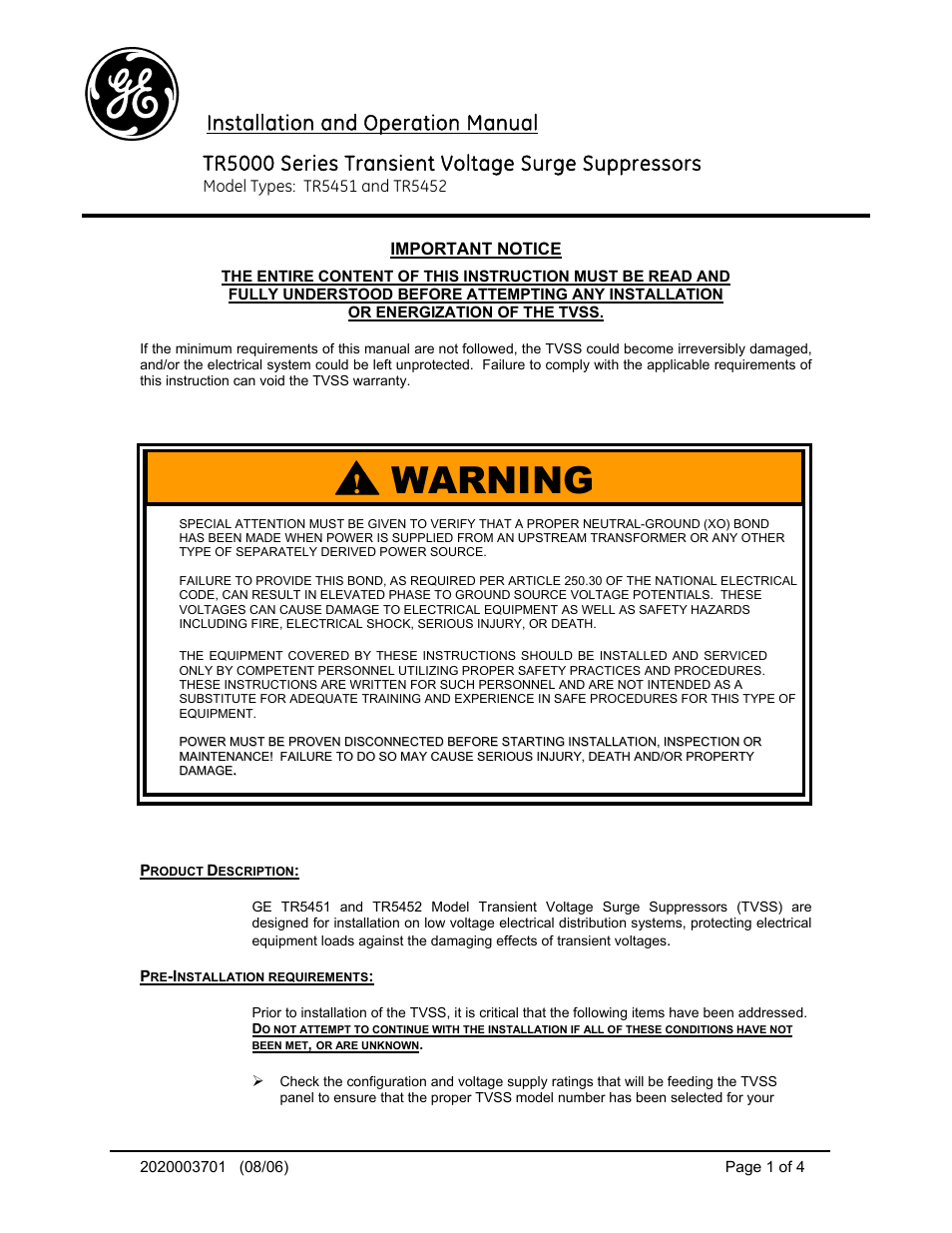 GE TR5451 User Manual | 4 pages