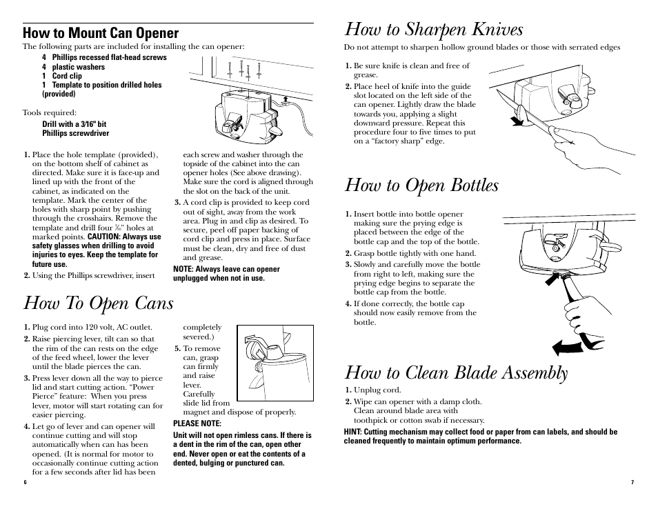 How to open cans, How to sharpen knives, How to open bottles | How to clean blade assembly, How to mount can opener | GE Easy Touch GE106623 User Manual | Page 6 / 8