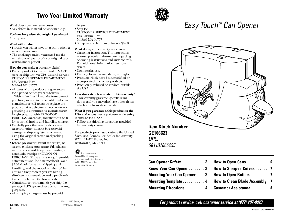 Customer service, Warranty, Customer assistance | Easy touch, Can opener, Two year limited warranty | GE Easy Touch GE106623 User Manual | Page 8 / 8