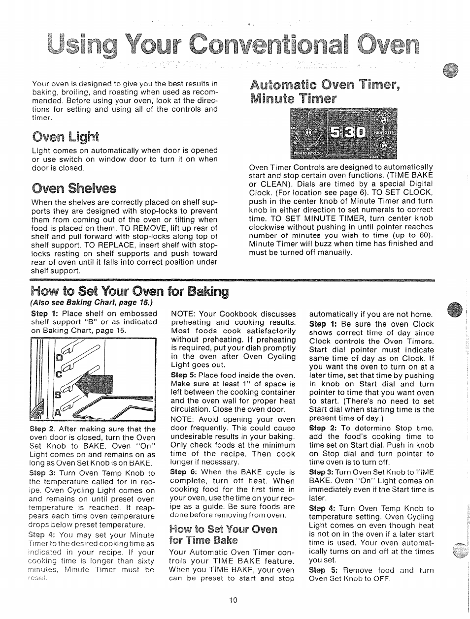 Your, Minute timer, Oven light | Oven shelves, How to set your oven for baking, How to set yoür онео for time bake | GE 49-4545 User Manual | Page 10 / 20