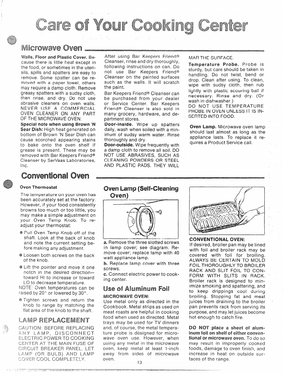 Microwa¥e oven, Conventfonat oven, Care of your cooking center | Oveo lamp (self-cleaning oven), Use of aiyminym foil | GE 49-4545 User Manual | Page 13 / 20