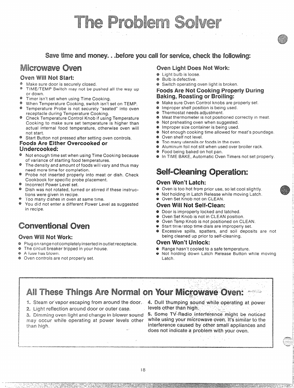 The problem soswer, Microwave oven, Coriveritfonaf oven | Ail these things are normai on your mlc|ó^áv© w, Seif-cleaning operation, Save time, Money, Call for, Following | GE 49-4545 User Manual | Page 18 / 20