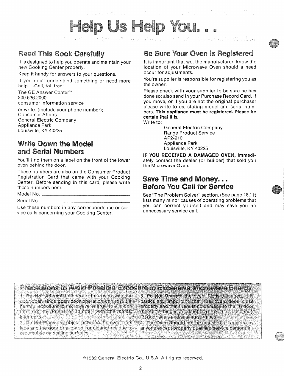 Help us help you, Read this book carefully, Down | And serial mumbers, Be sure your oven as registered, Write, The model, Before you call for service | GE 49-4545 User Manual | Page 2 / 20