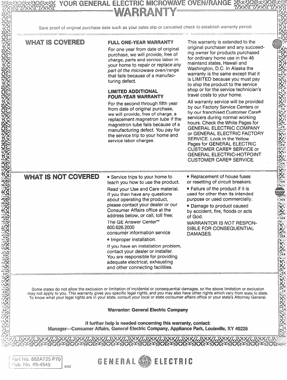 Warranty, Yoür general electric microwave oven/range, Is covered | GE 49-4545 User Manual | Page 20 / 20