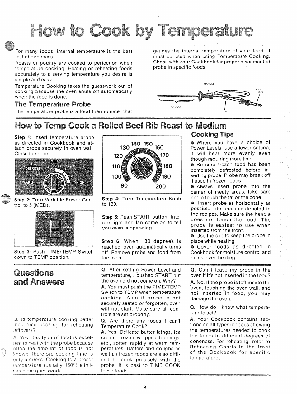 Low to cook by te erature, Questions and answers, Questions | Answers, The terriperatyre pruhe, Cooking tips | GE 49-4545 User Manual | Page 9 / 20