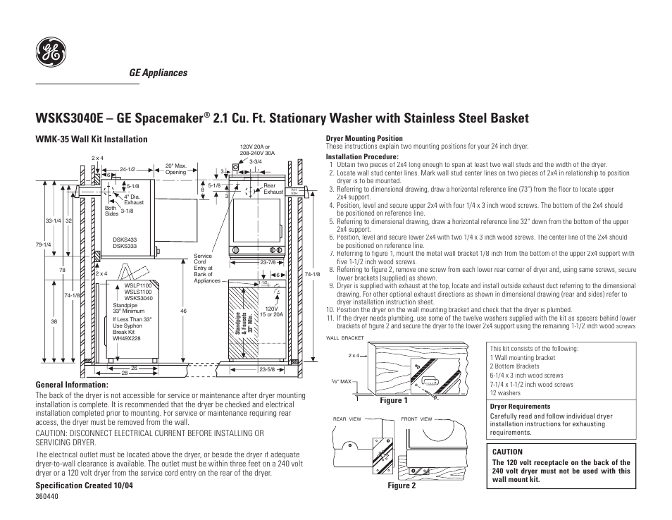 Wsks3040e – ge spacemaker, Ge appliances, Wmk-35 wall kit installation | GE SPACEMAKER WSKS3040E User Manual | Page 2 / 3