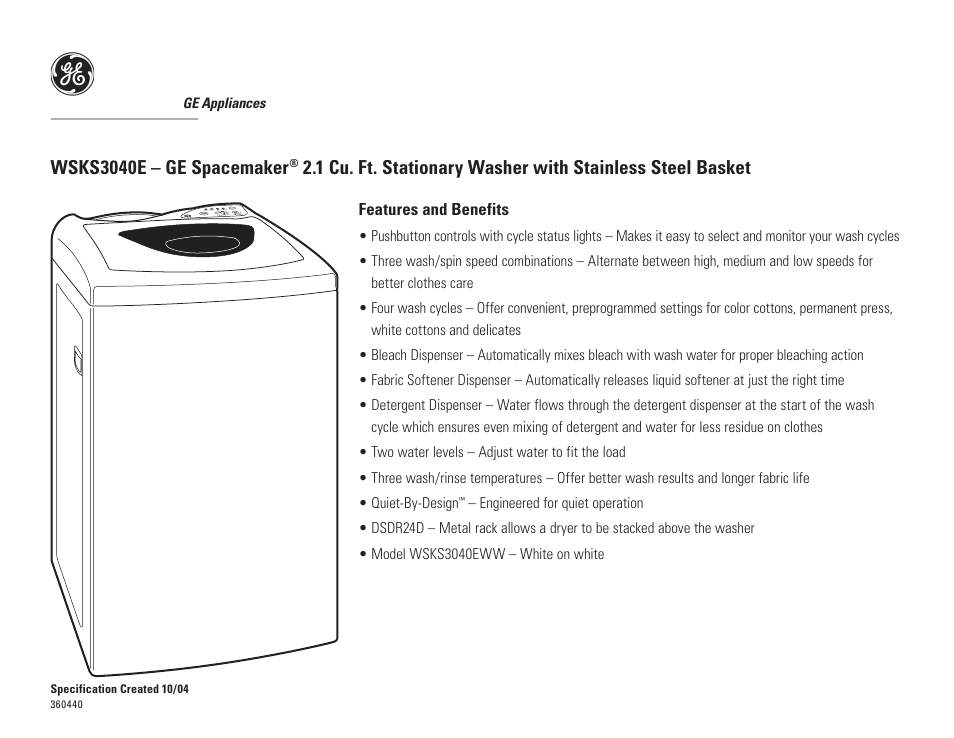Wsks3040e – ge spacemaker | GE SPACEMAKER WSKS3040E User Manual | Page 3 / 3