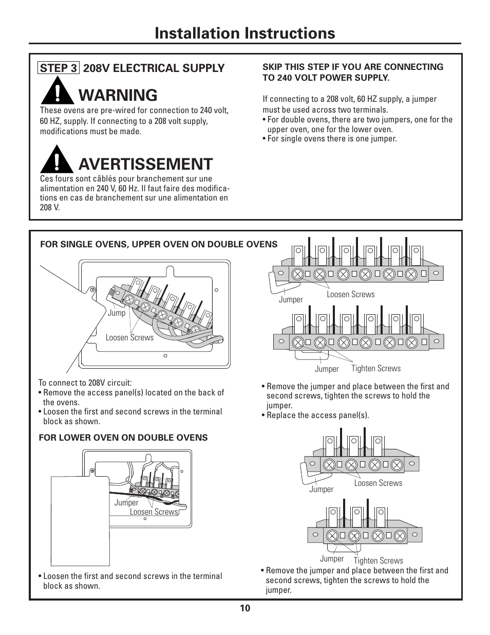 Warning, Avertissement, Installation instructions | Step 3 208v electrical supply | GE ZET1038 User Manual | Page 10 / 16