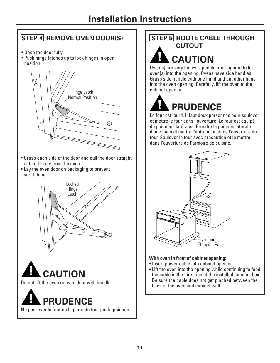 Installation instructions, Caution, Prudence | GE ZET1038 User Manual | Page 11 / 16