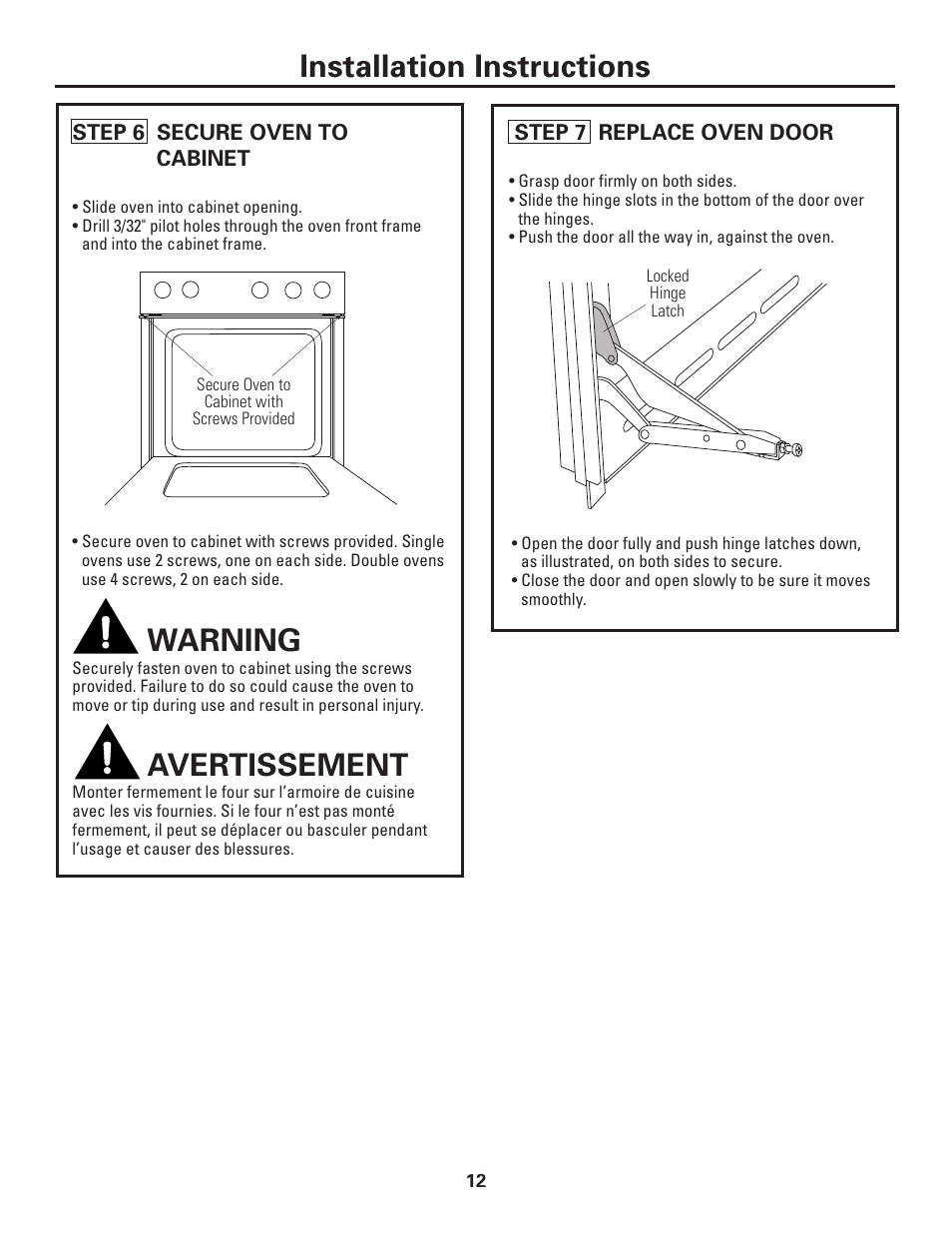 Installation instructions, Warning, Avertissement | GE ZET1038 User Manual | Page 12 / 16